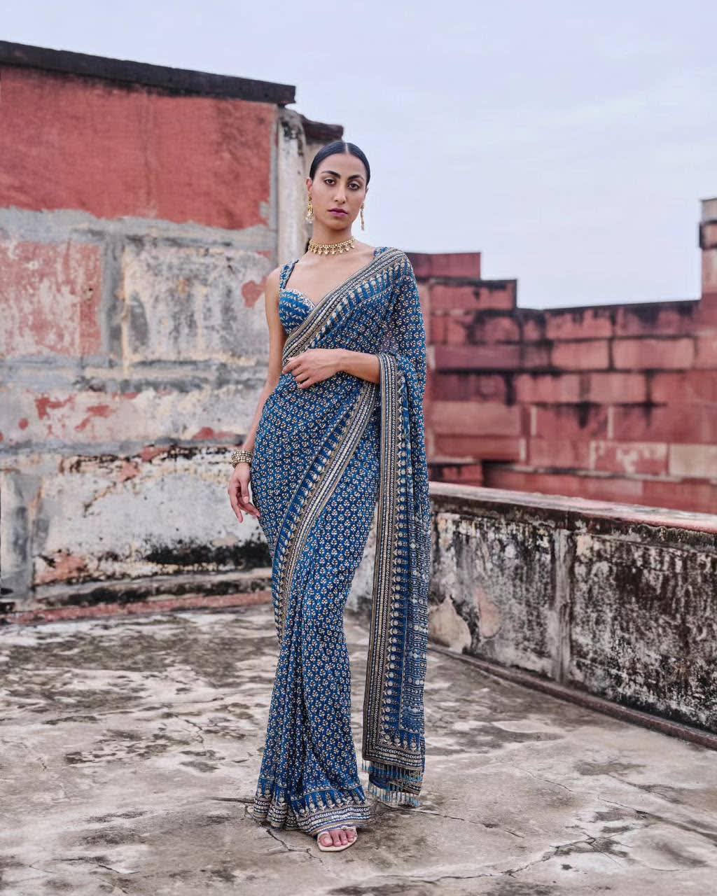 Bollywood Style Fox Georgette Saree with Katdana Handwork & Real Mirror Work - View 2