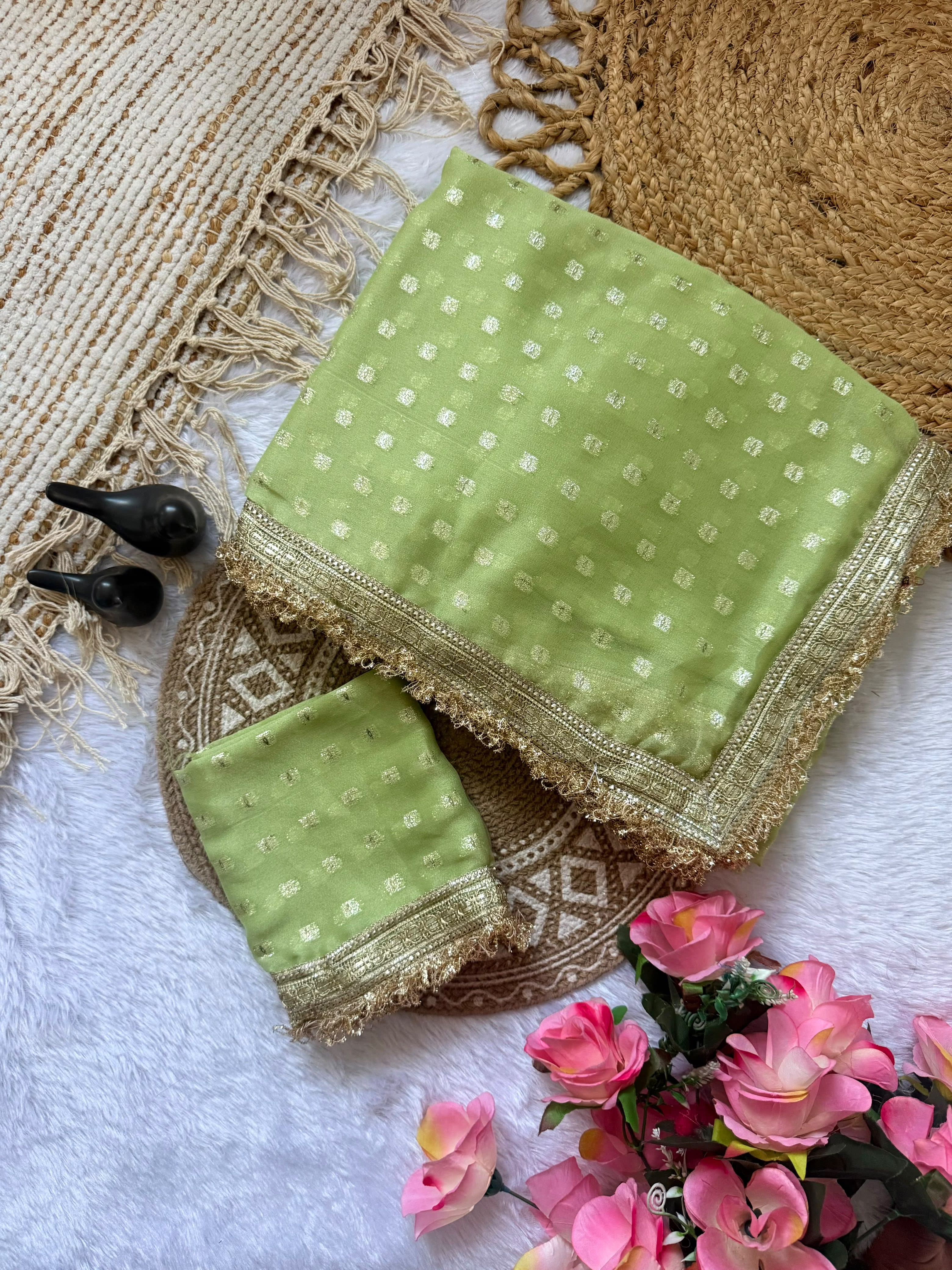 Exclusive Designer Moss Silk Saree with Jacquard Butti & Fancy Lace Border - View 4