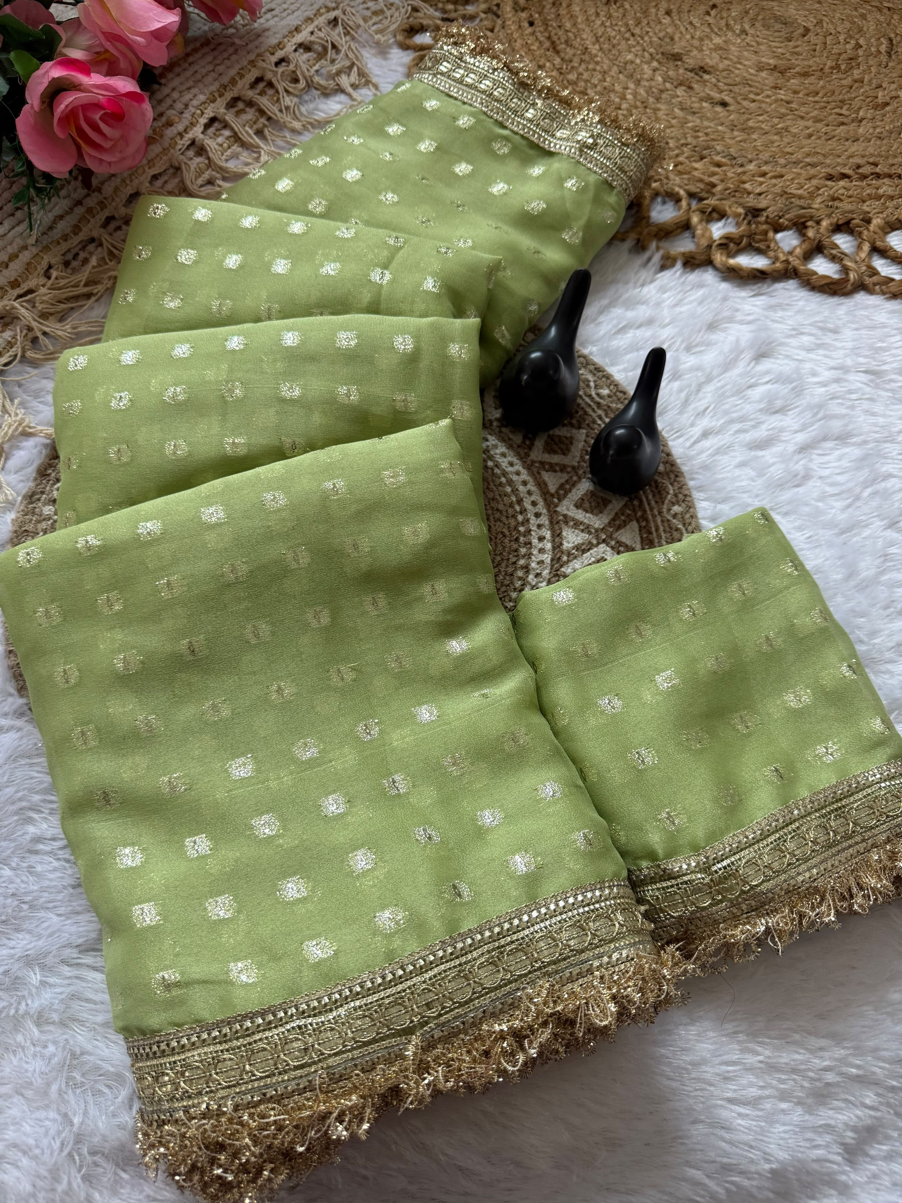 Exclusive Designer Moss Silk Saree with Jacquard Butti & Fancy Lace Border - View 2