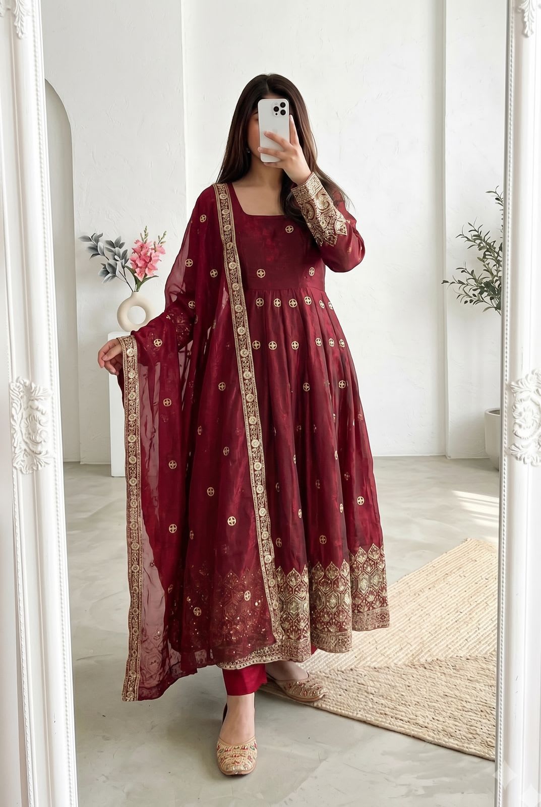 Designer Party Wear Fandy Silk Gown Set with Embroidery & Sequins Work - Heavy Fandy Silk Saree Online India - Buy at ₹2050 - Image 1