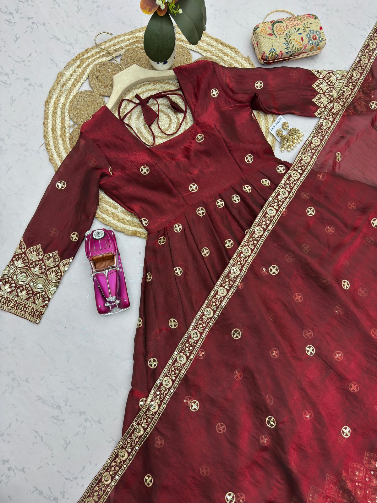 Designer Party Wear Fandy Silk Gown Set with Embroidery & Sequins Work - View 5