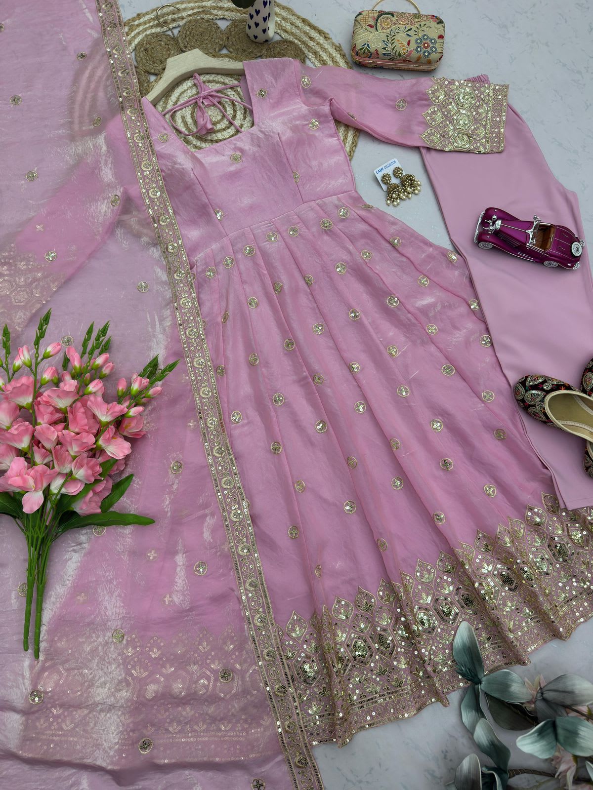 Designer Party Wear Fandy Silk Gown Set with Embroidery & Sequins Work - View 4