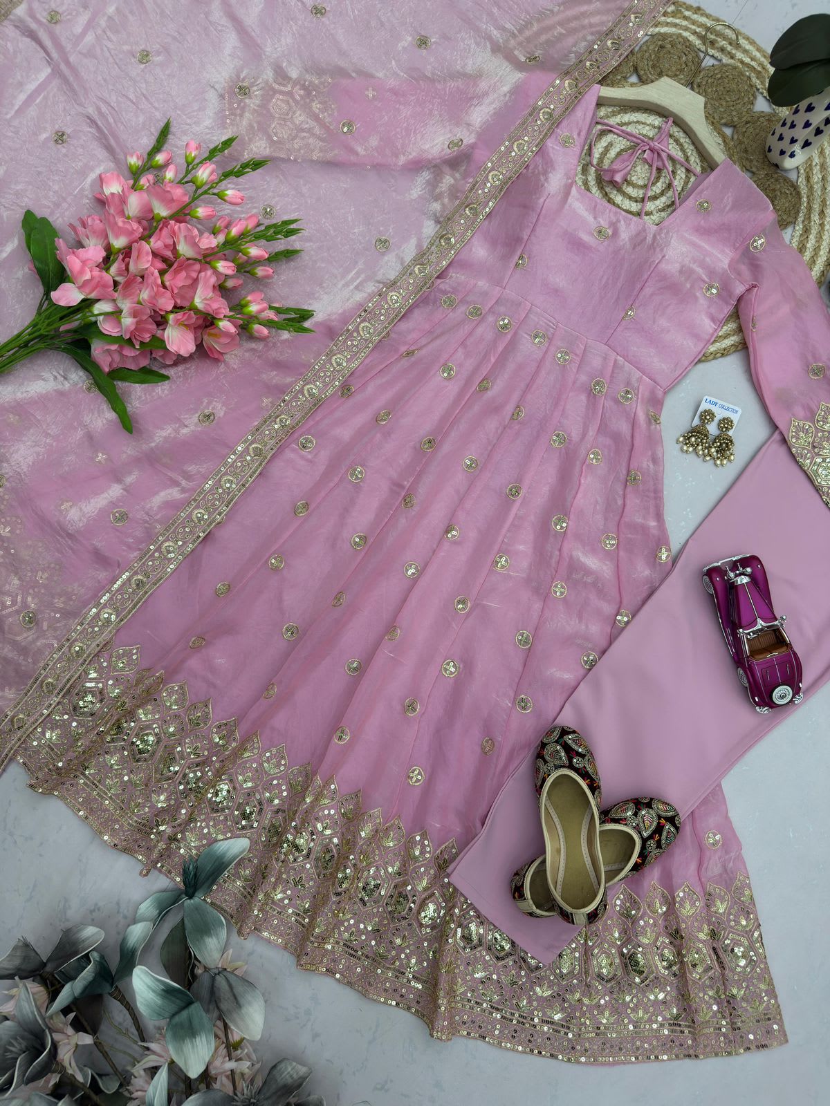 Designer Party Wear Fandy Silk Gown Set with Embroidery & Sequins Work - View 3
