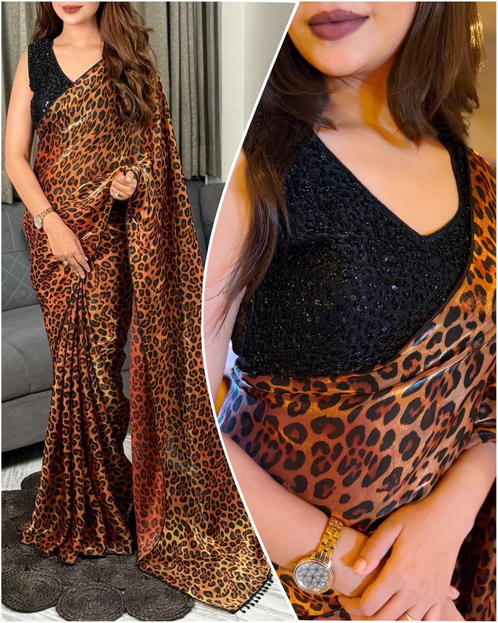 Tiger Claw Designer Two-Tone Fandy Satin Saree with 3D Leopard Print & Heavy Beads Work - View 2