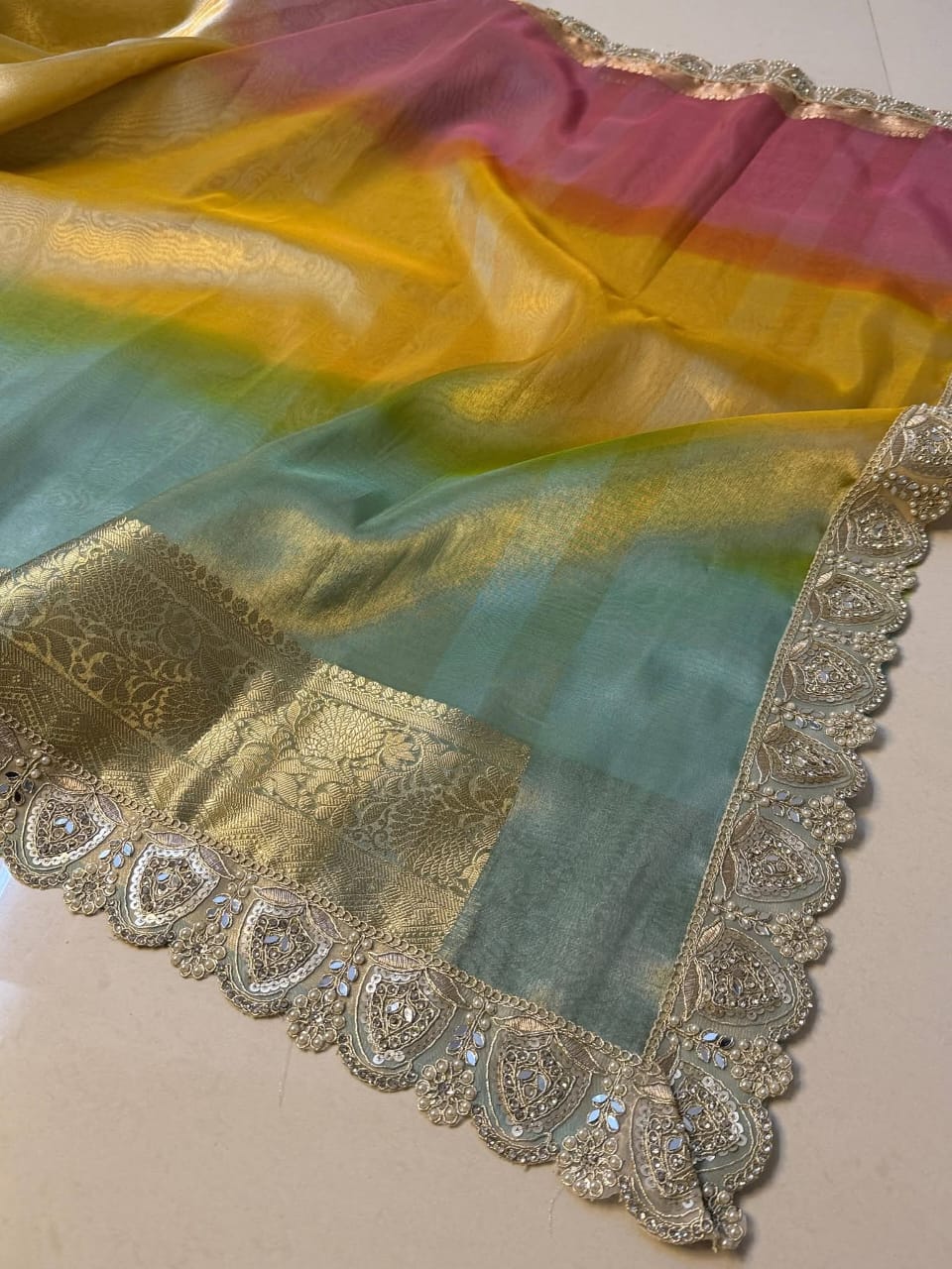 Banarasi Tissue Silk Saree in 3D Shade with Zari Weaving & Heavy Stone Work Lace - View 5