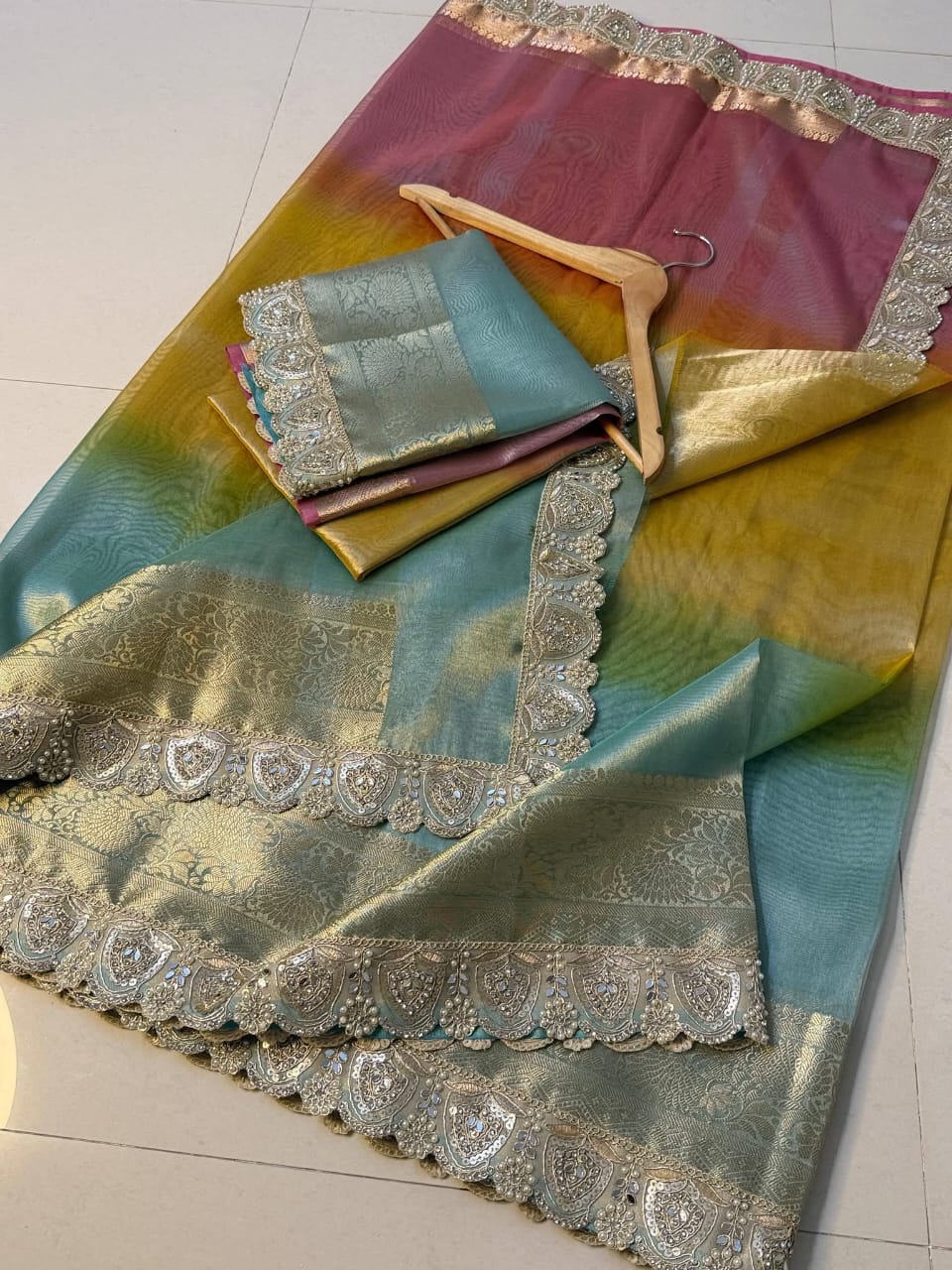 Banarasi Tissue Silk Saree in 3D Shade with Zari Weaving & Heavy Stone Work Lace - View 2