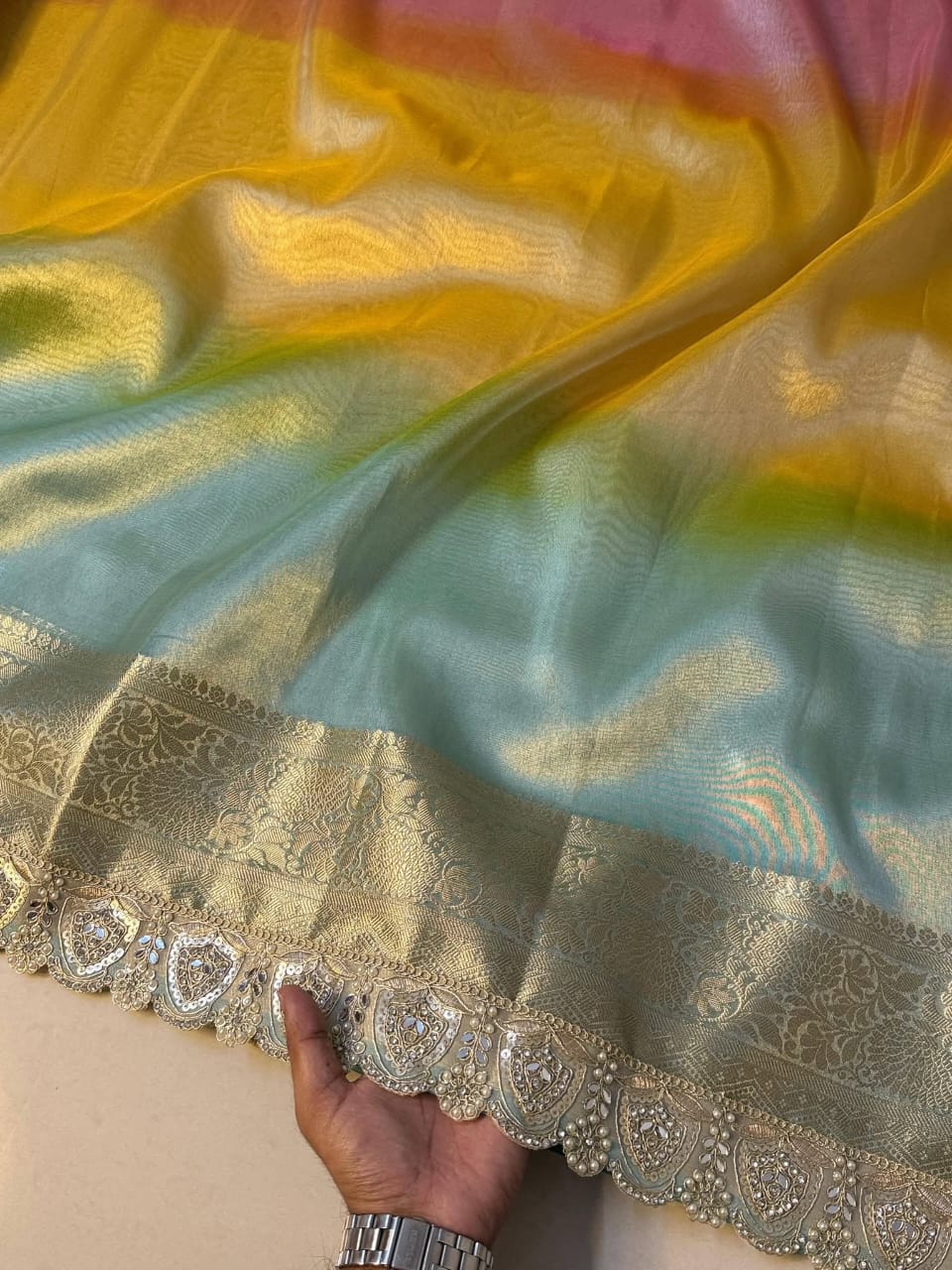 Banarasi Tissue Silk Saree in 3D Shade with Zari Weaving & Heavy Stone Work Lace - View 3