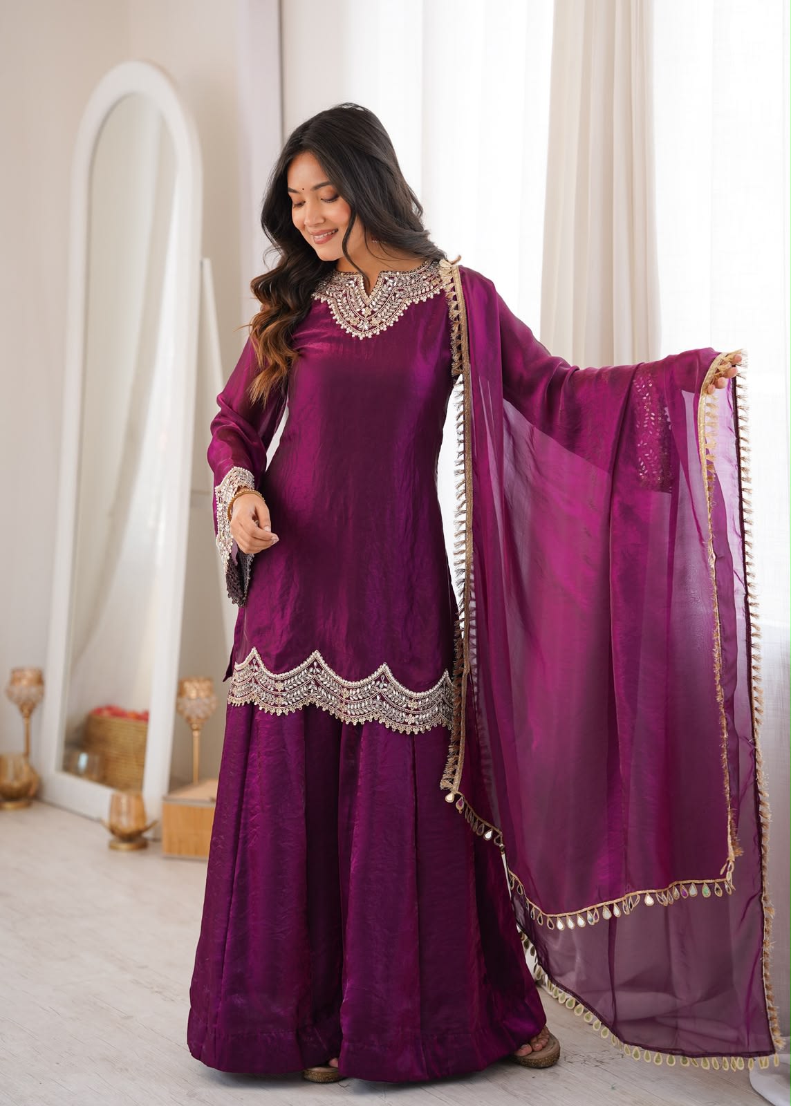 Premium Fendy Silk Embroidered Sharara Suit Set - View 4