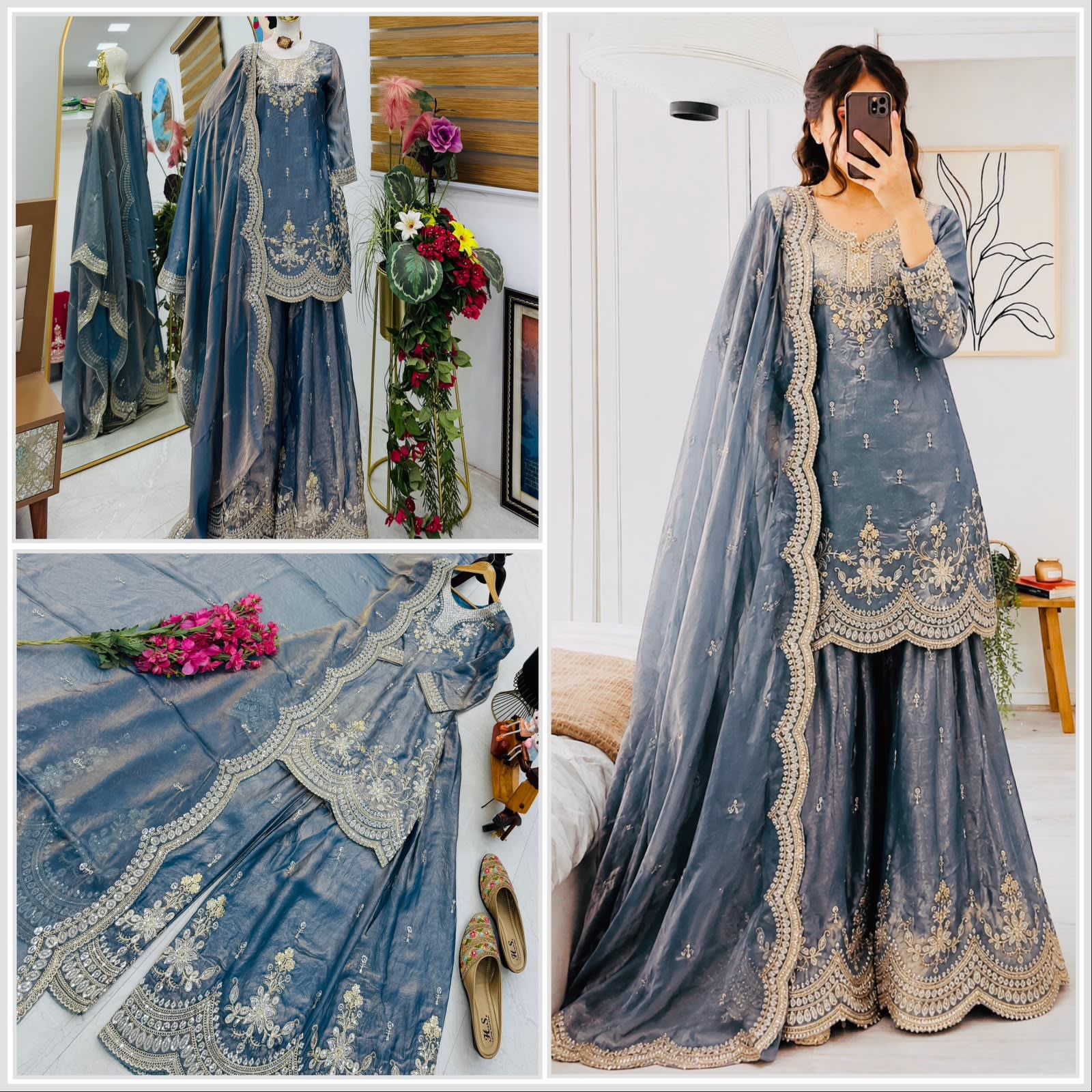 New Designer Party Wear Sharara Suit & Dupatta Set - Premium Fendy Satin Saree Online India - Buy at ₹1999 - Image 1