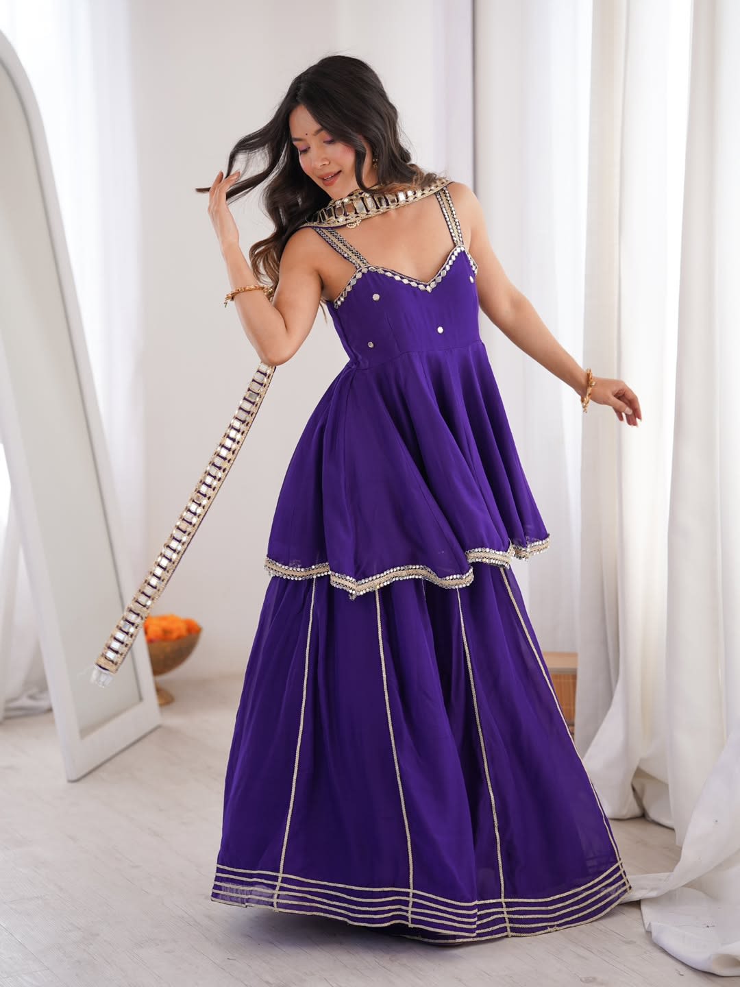 Chinon Mirror Work Palazzo Set with Stylish Belt & Gota Patti Work