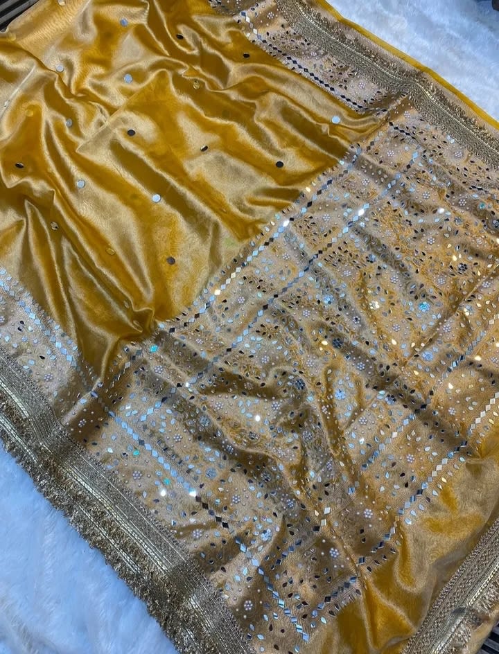 Banarasi Soft Tissue Silk Saree with Big Round Mirror Work & Heavy Mirror Border