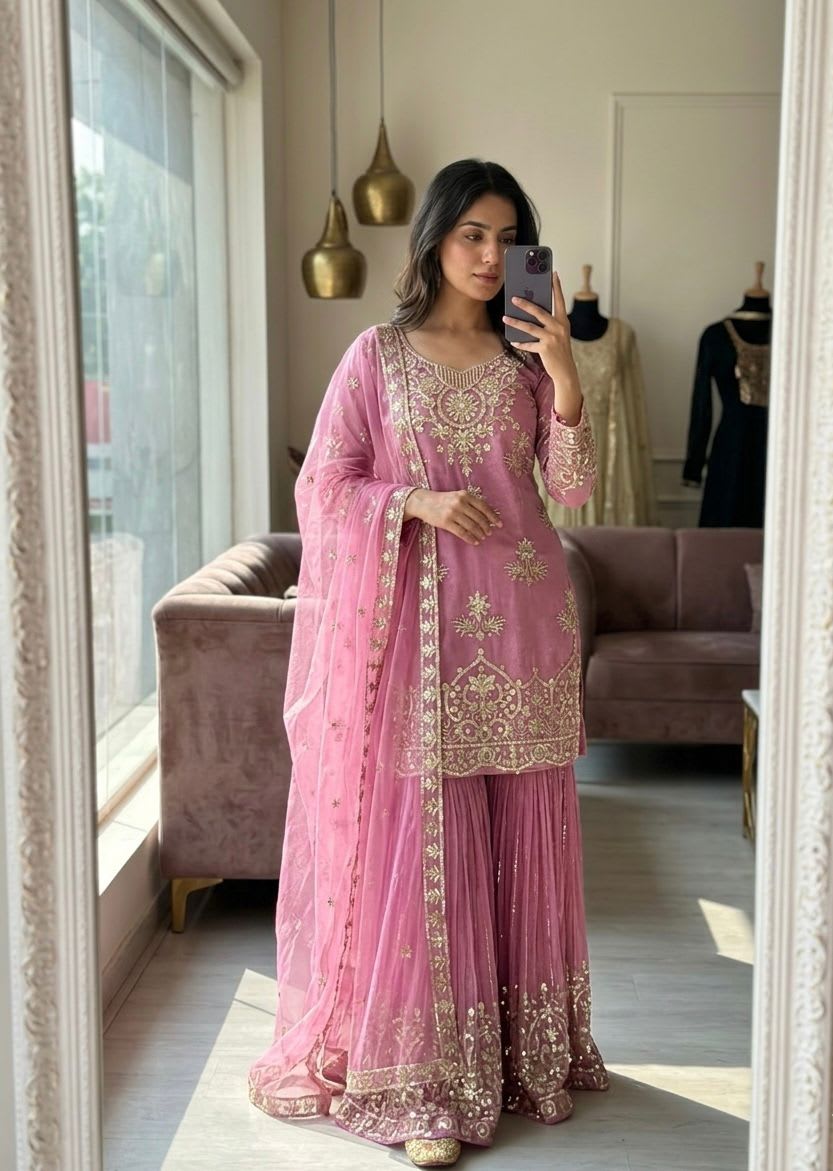 Designer Organza Twine Net Sharara Suit Set with Embroidery & Sequins Work