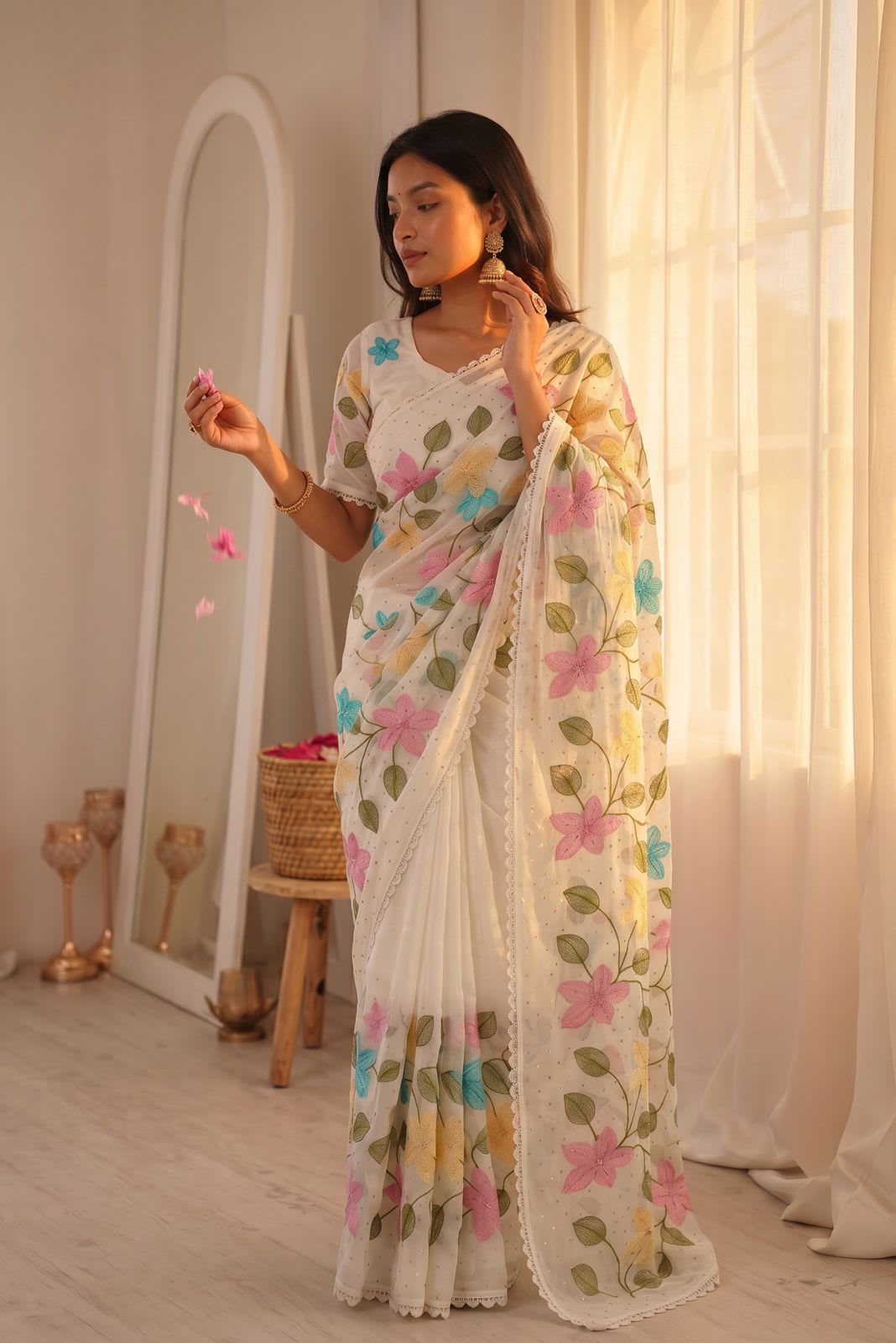 Florious Designer Viscose Crunchy Silk Saree with Floral Embroidery & Swarovski Diamond Work
