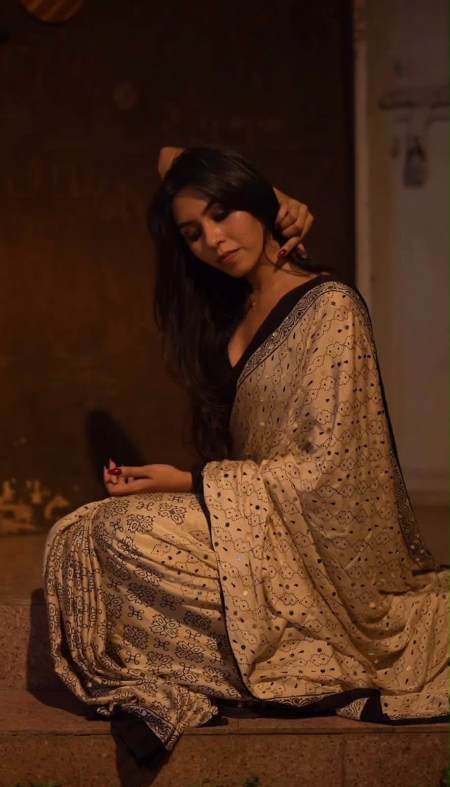 Premium Gajji Silk Ajrakh Print Saree with Heavy Mirror Work