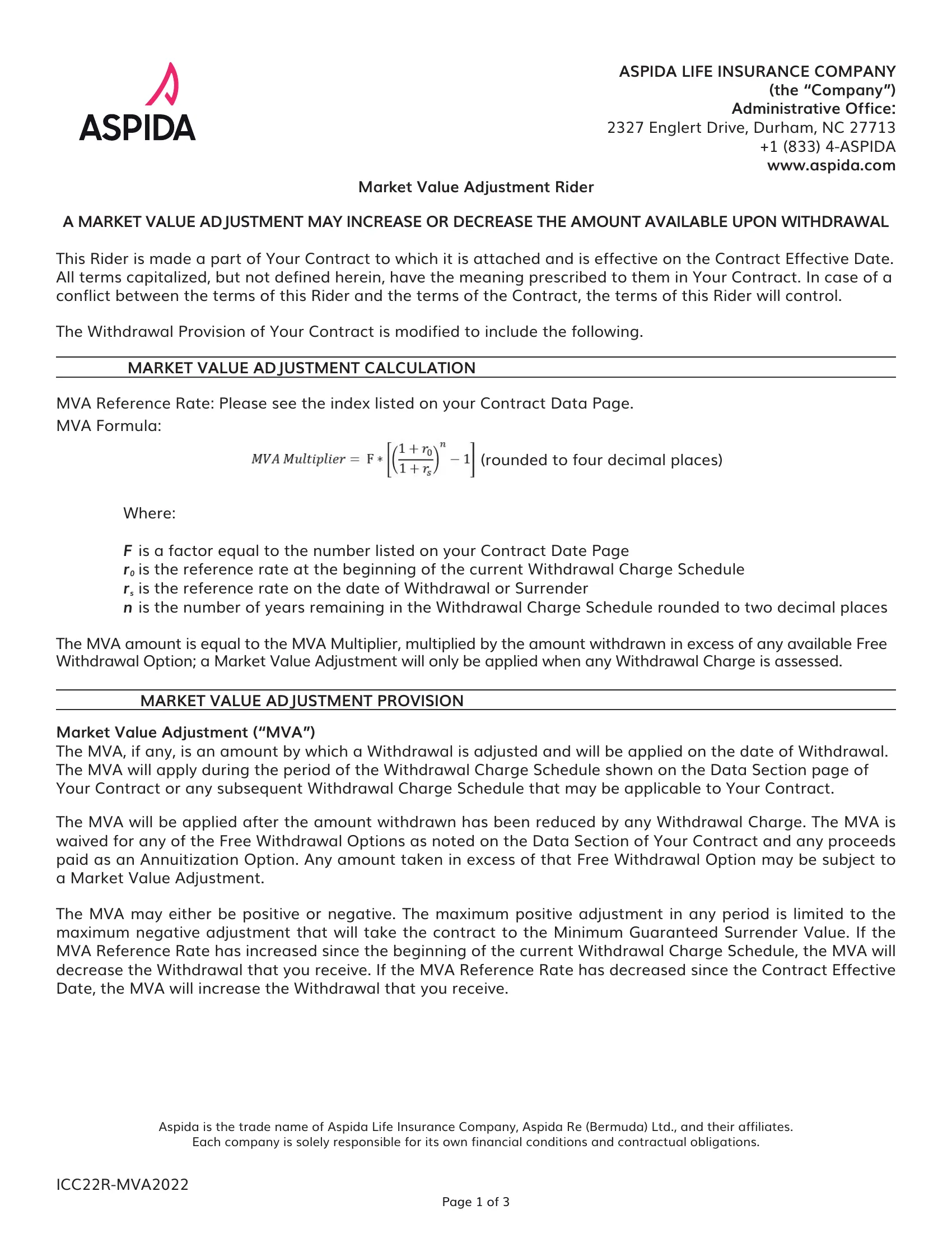 MVA Formula Aspida Synergy Choice MYGA 3 Contract Page 1 - Market Value Adjustment Details