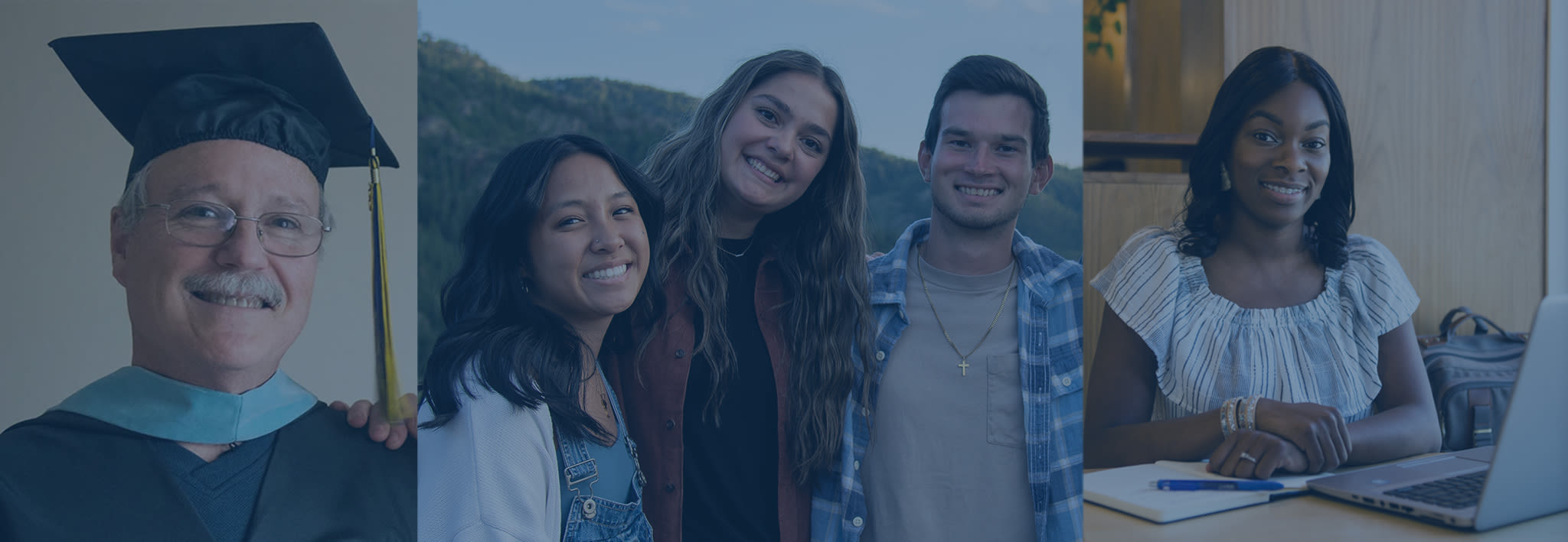 Collage displaying a CCU CAGS graduate, CUS undergrads, and a CAGS Online student