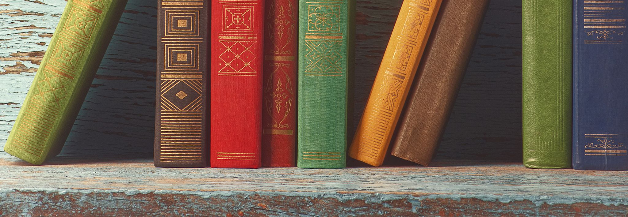 A collection of colorful books is sitting on a wooden shelf.