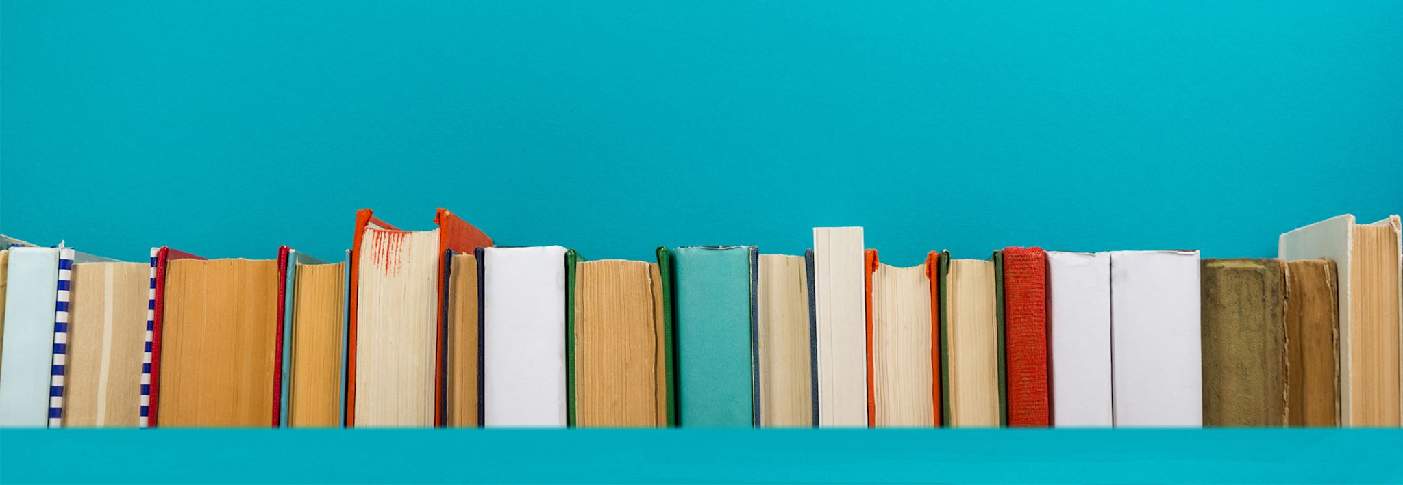 A group of colorful books is sitting on a shelf in a library.