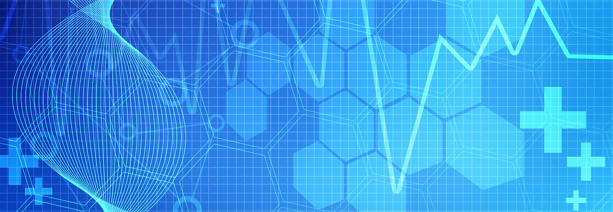 Healthcare icons are floating in the air to represent an MBA in health care administration.