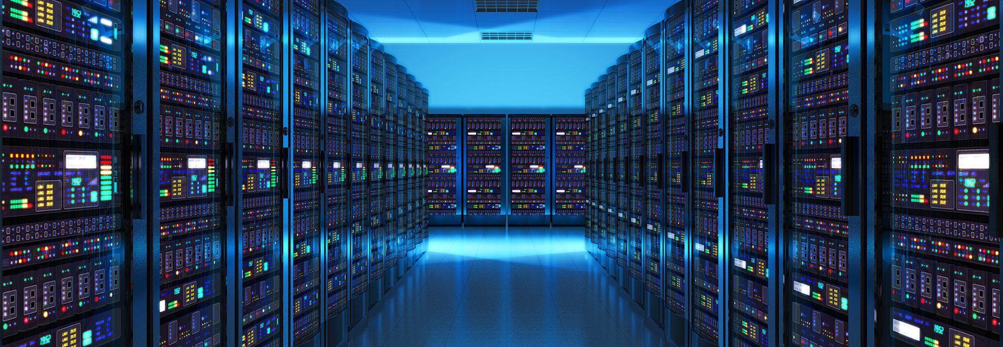 Information systems computers An information systems department is lined with computers and technology.