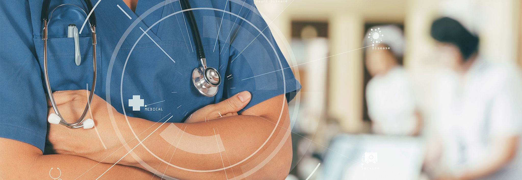 A male nursing student is wearing a stethoscope around his neck.