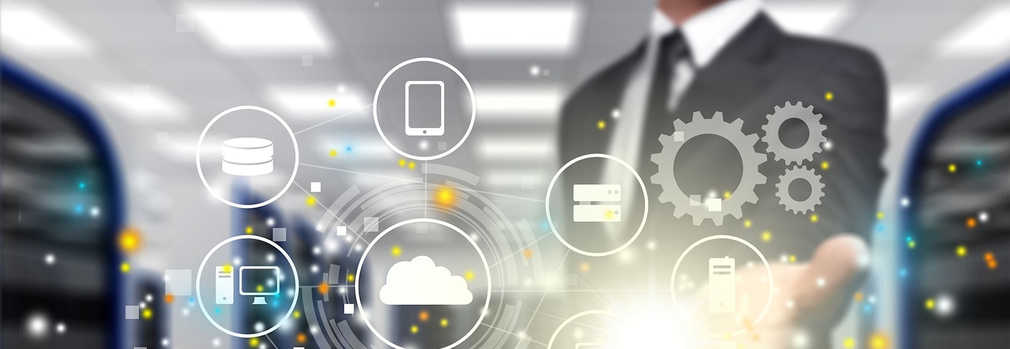 Marketing icons A businessman is touching marketing icons in the air.