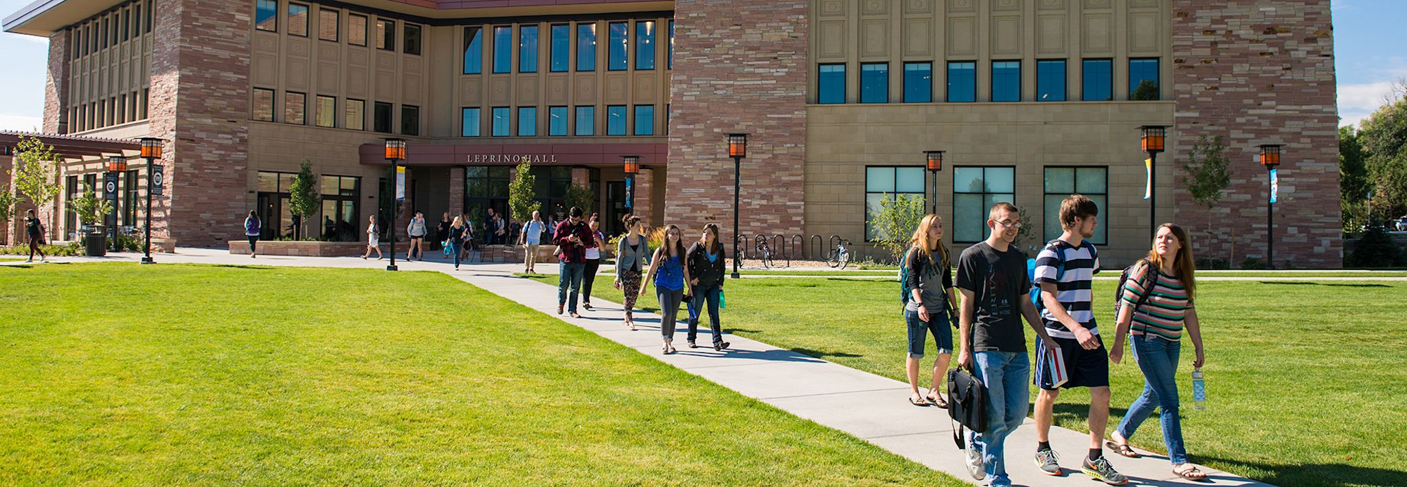 Colorado Christian University students walking out of Leprino after class. 