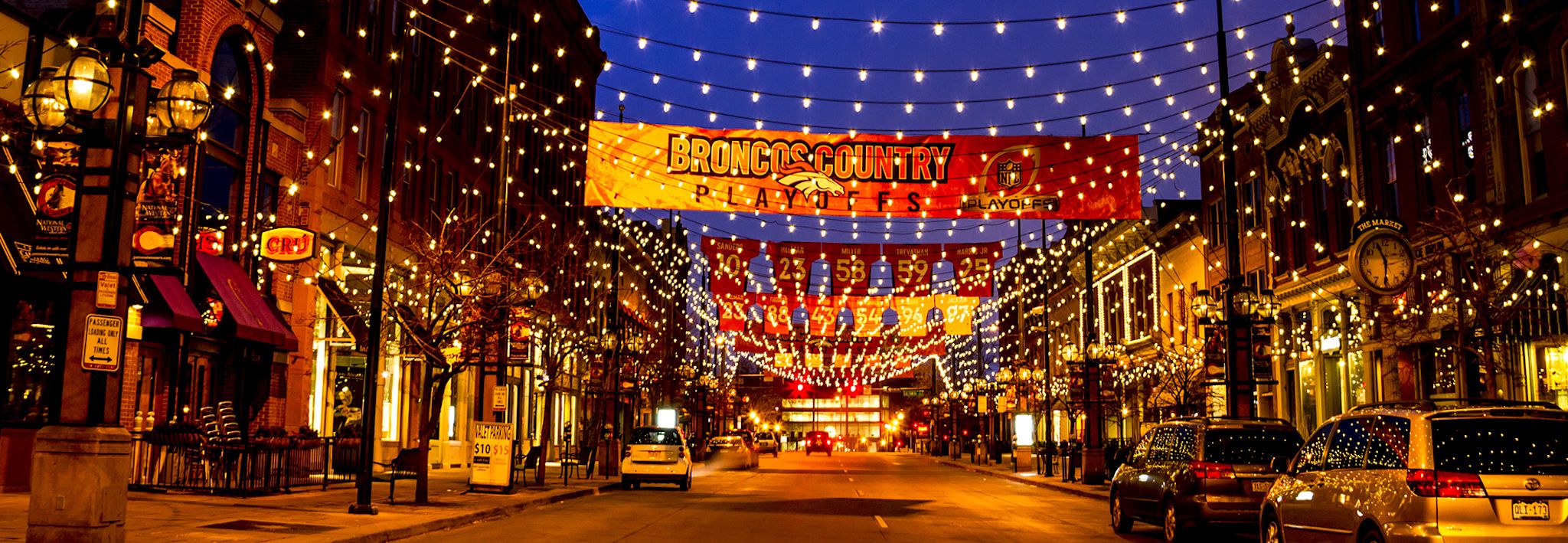 Larimer square in Colorado at night. 