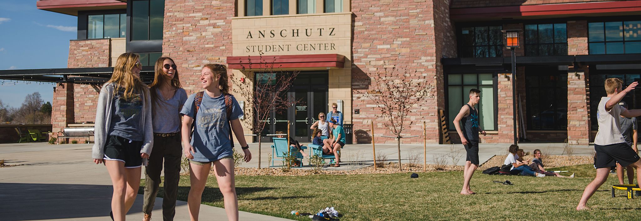 CCU students in front of Anschutz Student Center. 