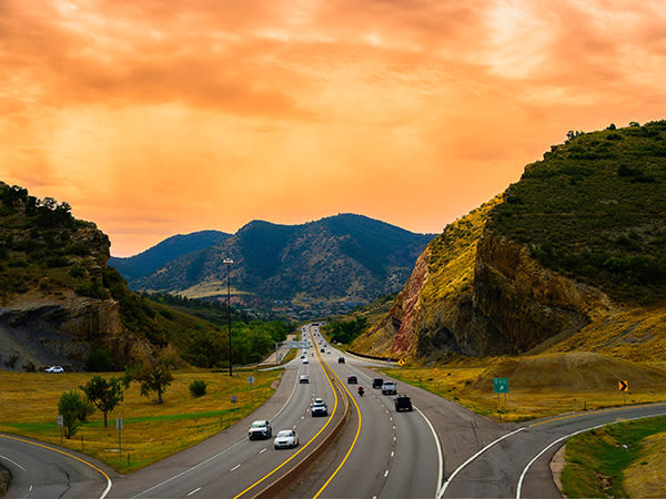 Scenic view driving north toward Lakewood from the foothills