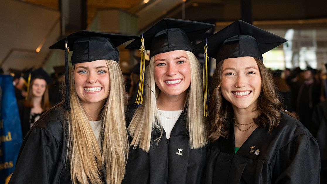 Undergraduate smiling students in graduation wear