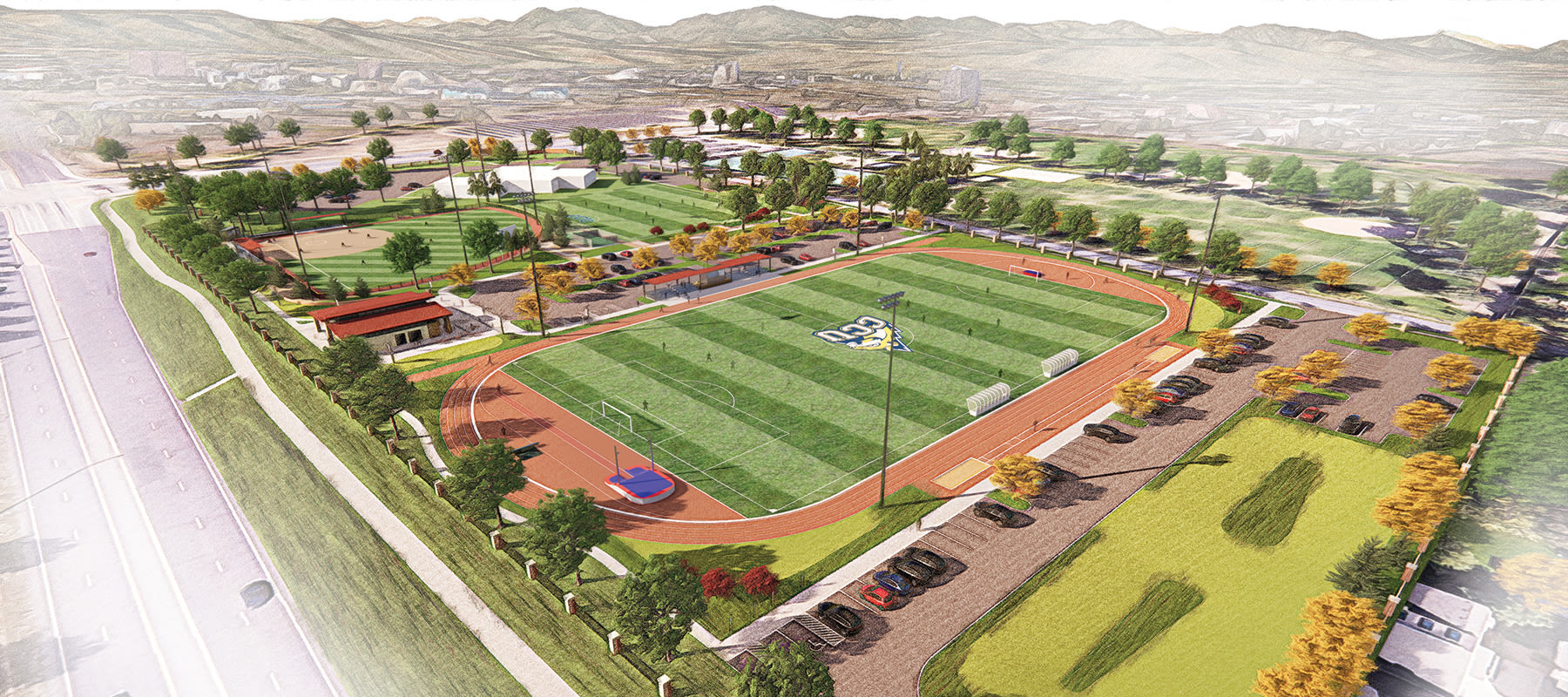 Aerial rendering of CCU’s future athletics facilities, including a softball field, soccer field, and additional fields