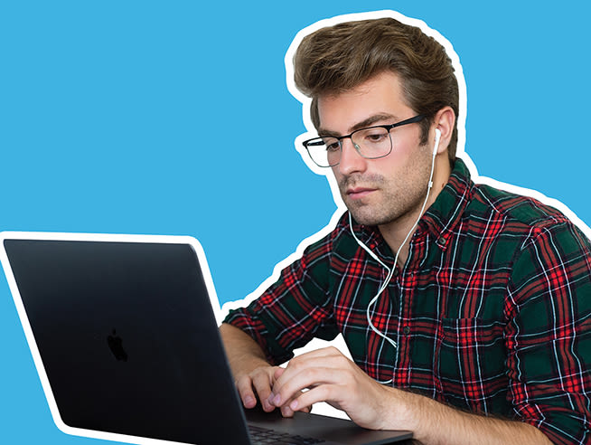 small rectangular image of will witt sitting at a laptop with ear buds in and a bright blue background