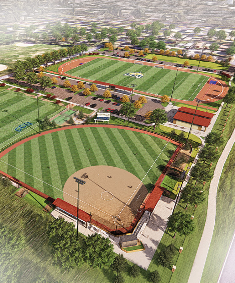 Aerial rendering of CCU’s future athletics facilities, including a softball field, soccer field, and additional fields