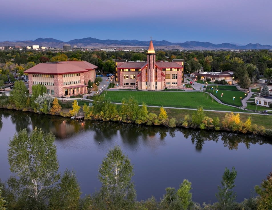 Aerial photo of CCU campus and the Armstrong Center, captured at twilight.