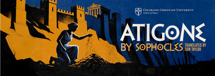 greek buildings in the background with a woman kneeling