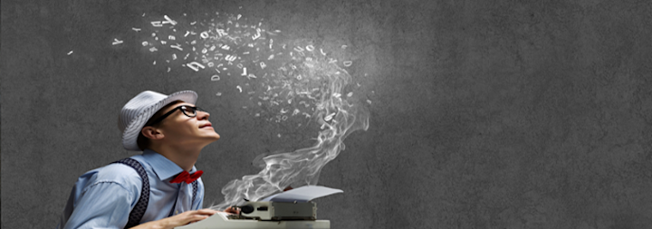Man on type writer and text floating in the air