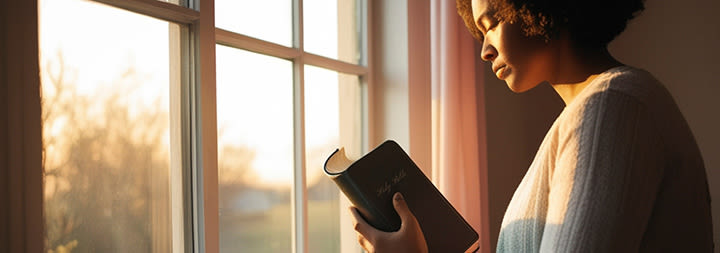 A woman reads the bible facing a window with sunlight pouring in.