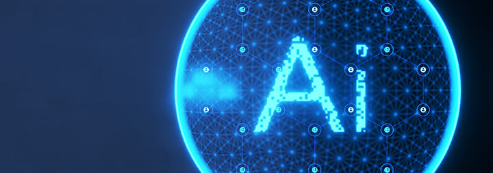 A digital graphic displaying "AI" within a blue circle