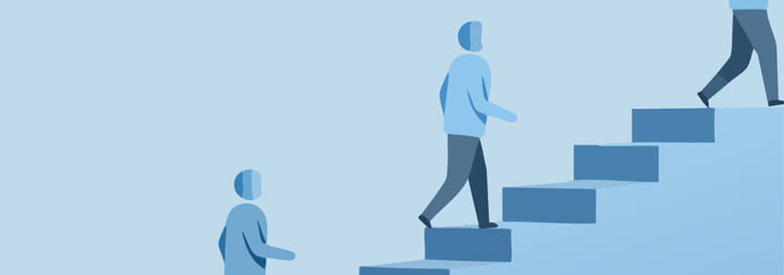 Animated people walking up a set of stairs