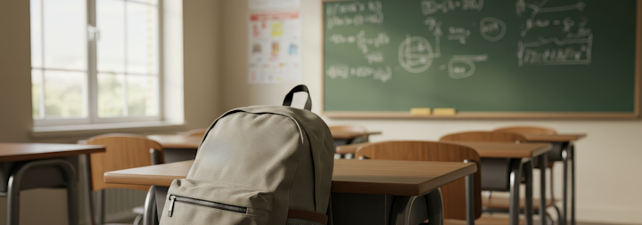 A backpack sits on the desk in a classroom