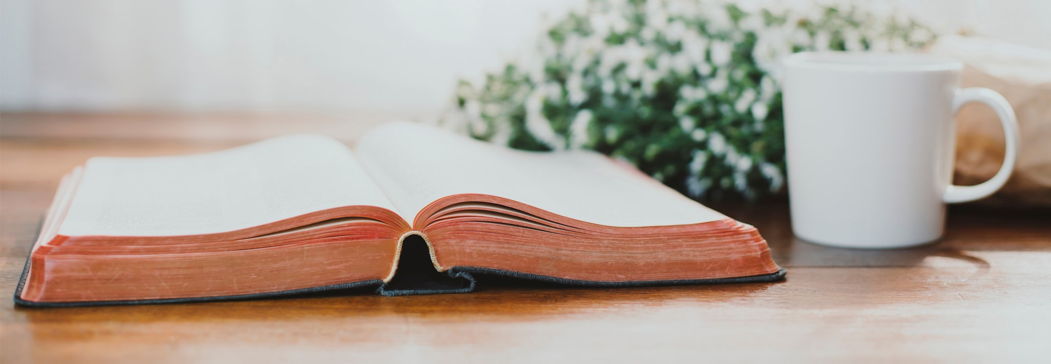 A Bible is sitting on a desk next to a cup of coffee and flowers.