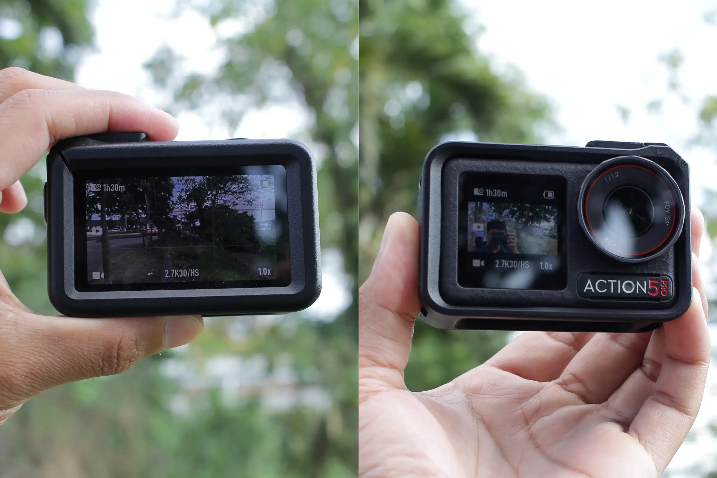 DJI Osmo Action 5 Pro held in hand showing both the rear touchscreen and front display side by side with active recording interface outdoors