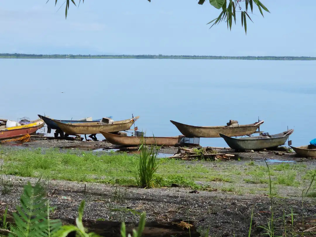Row of fishing canoe beached on the gravel shore at Naujan Lake in Mabuhay II Socorro Oriental Mindoro with the calm lake and distant shoreline behind them