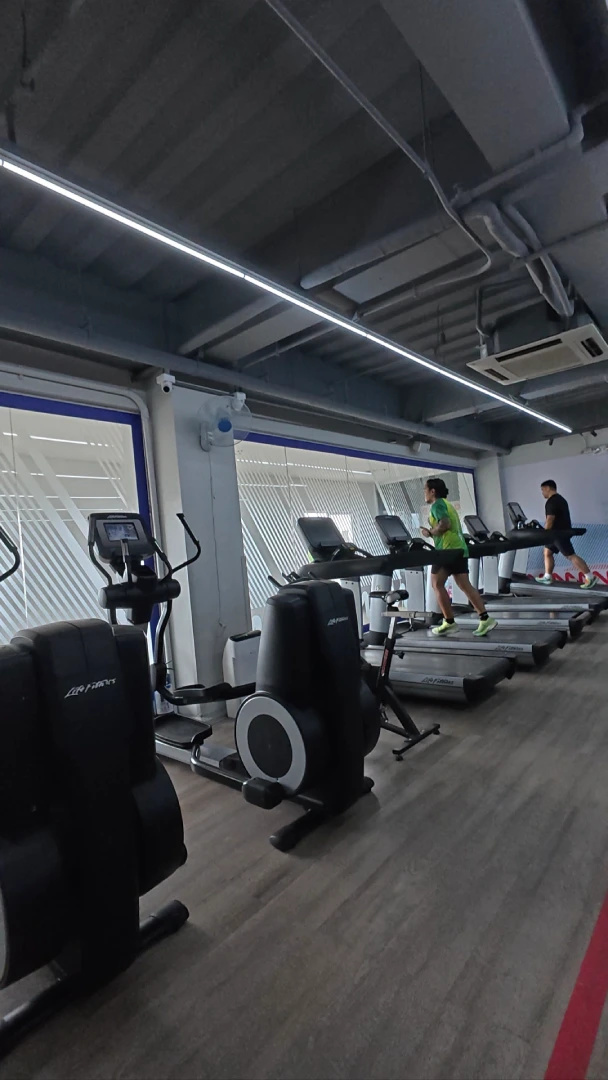 Rows of treadmills and gym equipment with two people running inside Anytime Fitness Southwoods