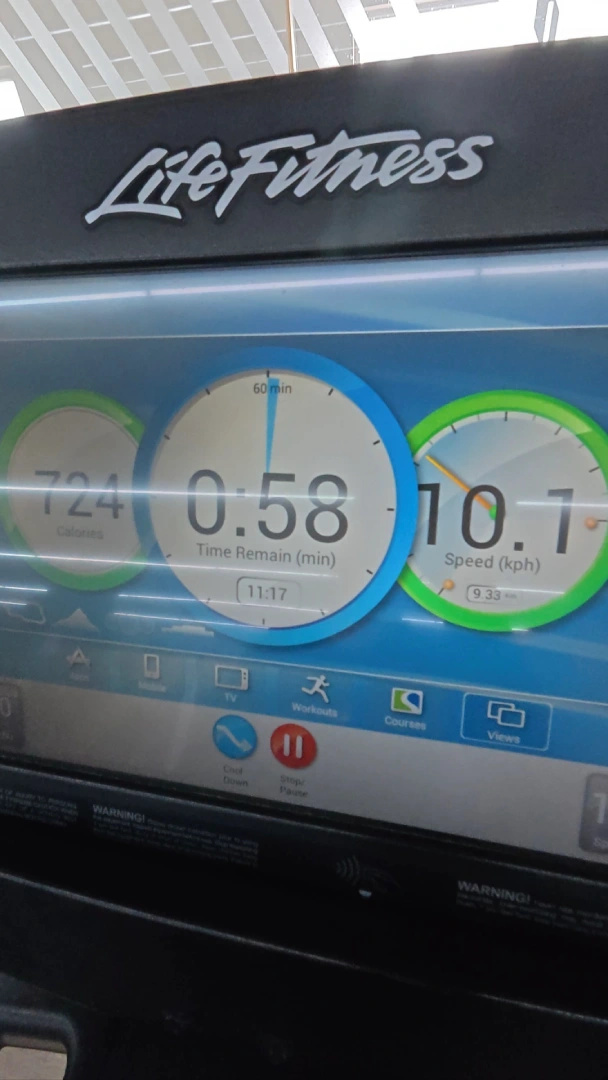 Life Fitness treadmill display showing calories, time remaining, and distance logged at Anytime Fitness Southwoods