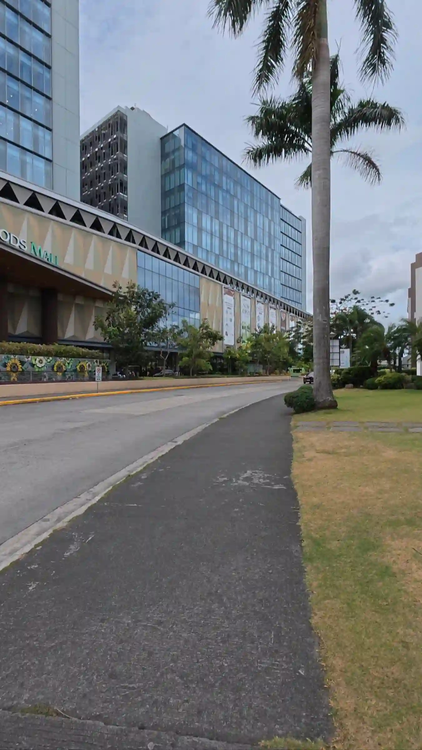 Jogging path and sidewalk along Southwoods Mall with palm tree and glass tower in Southwoods City Alabang