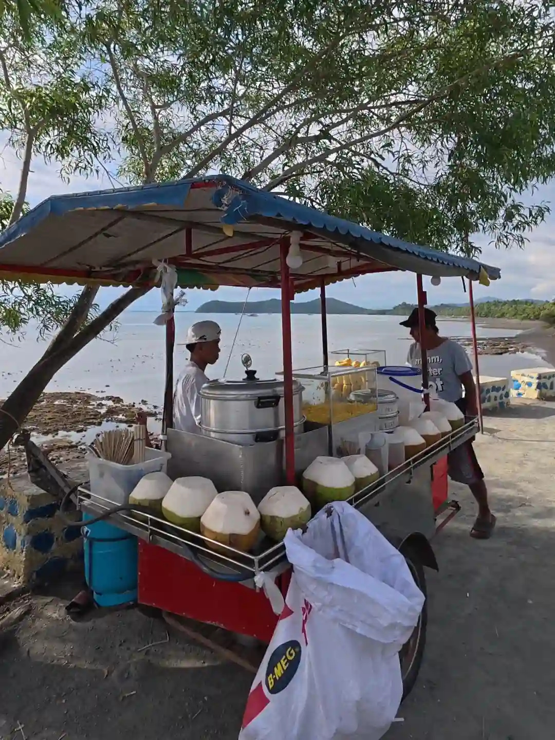 Two men operating a roadside food vendor cart parked under trees near Punta Abijod in San Isidro Davao Oriental with the sea and hills visible behind