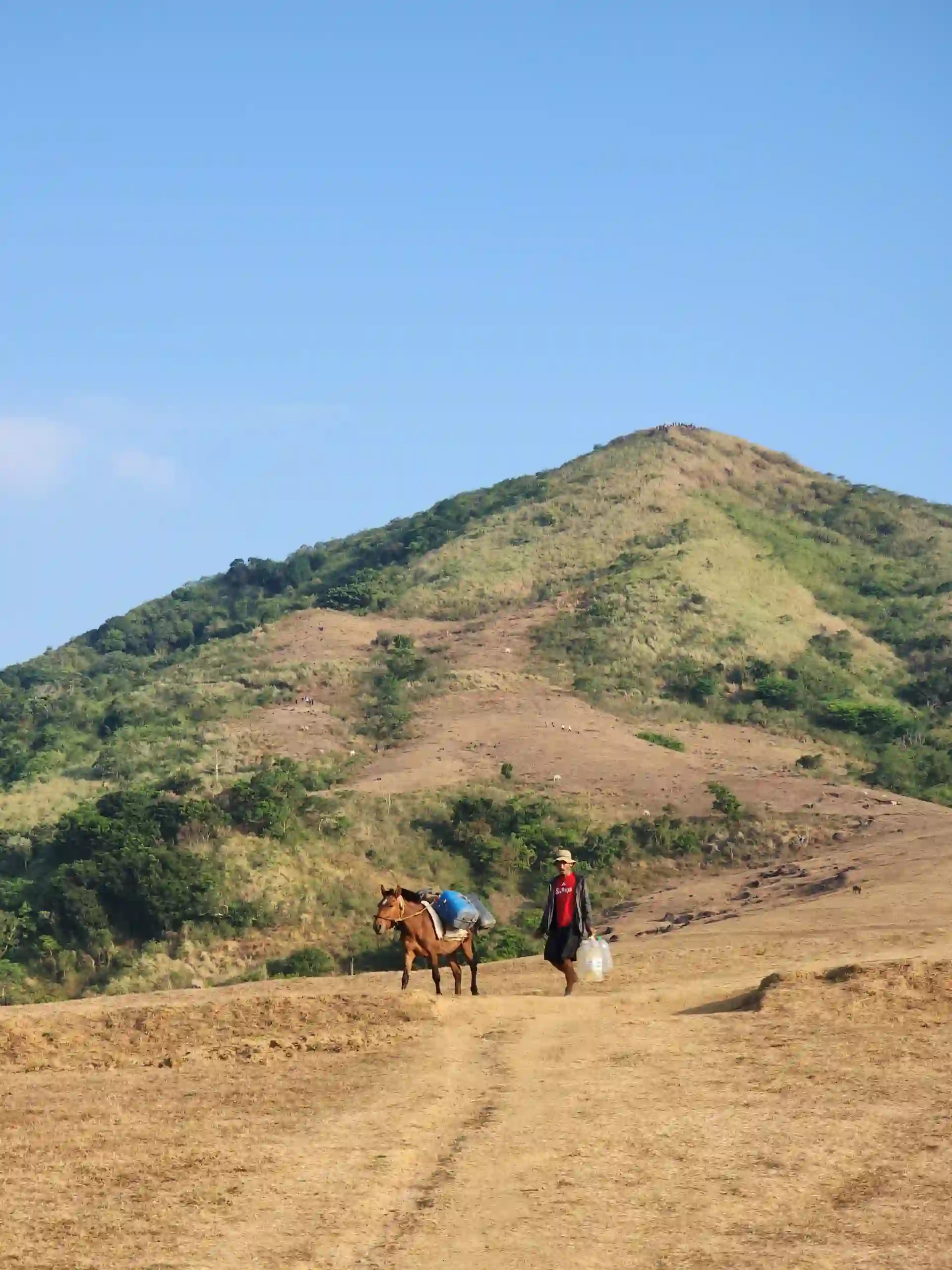 A local vendor in a wide brimmed hat leading a loaded brown horse along the open grassland trail at Mt. Talamitam with the summit visible behind in Nasugbo Batangas